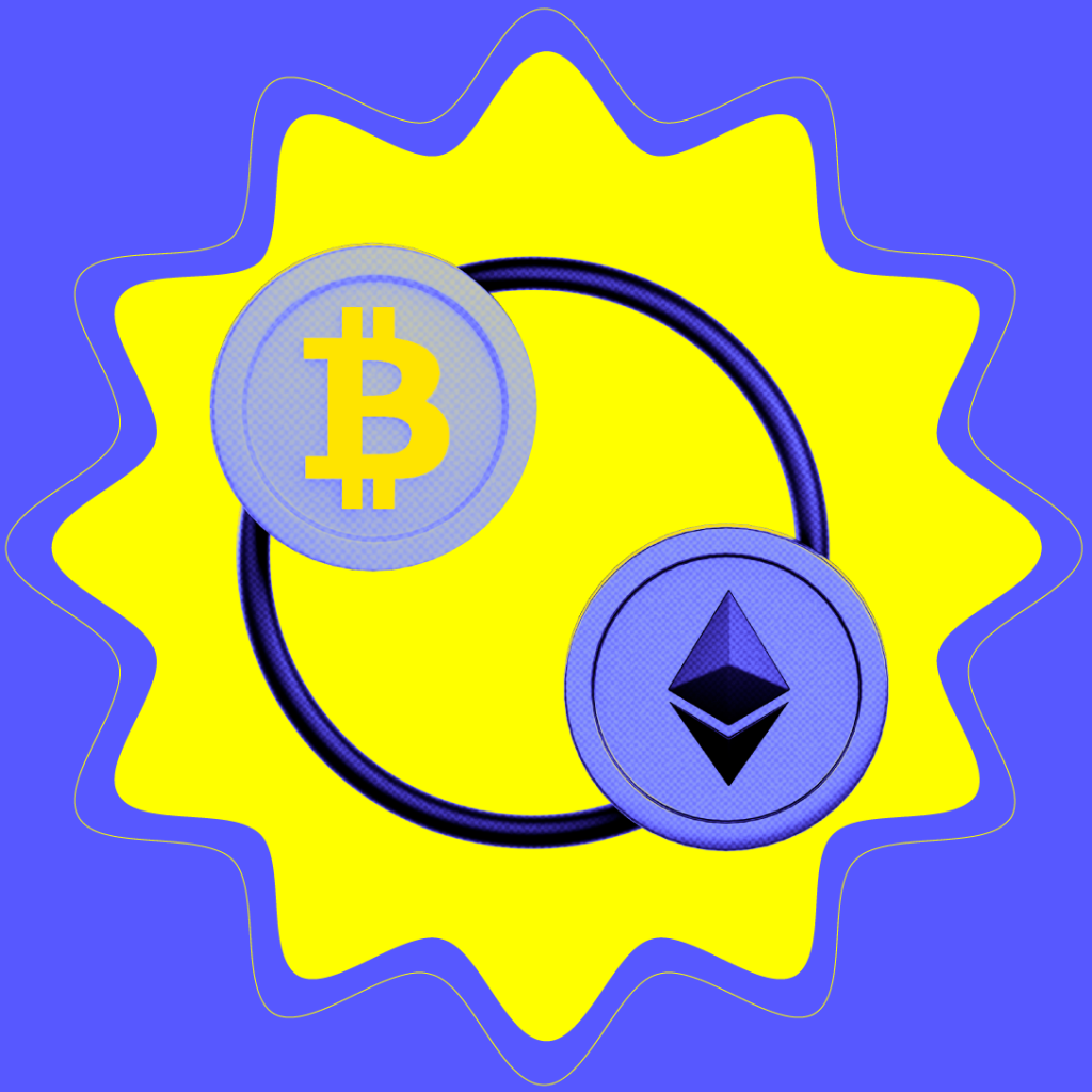 ethereum vs bitcoin: imagem com o logotipo das duas criptomoedas